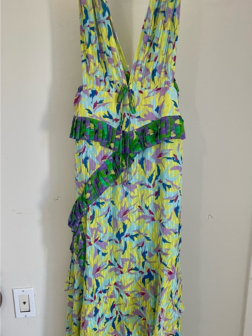 Tanya Taylor Yellow Multicolor Ruffled V-Neck Maxi Dress